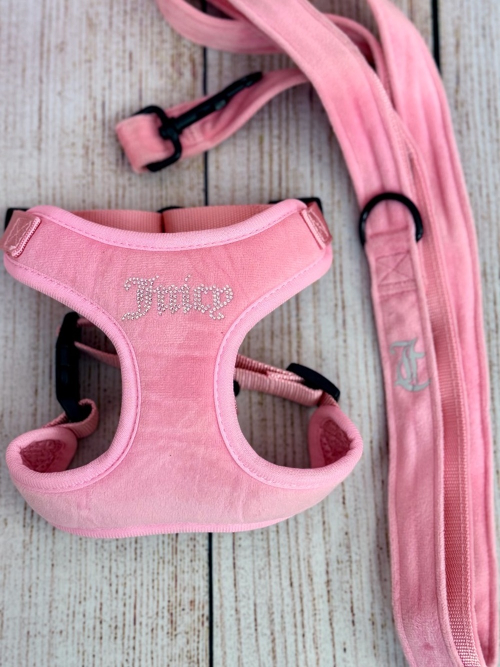 Bling Pink Velour Juicy Couture Pet Harness & Leash 2 Piece Set